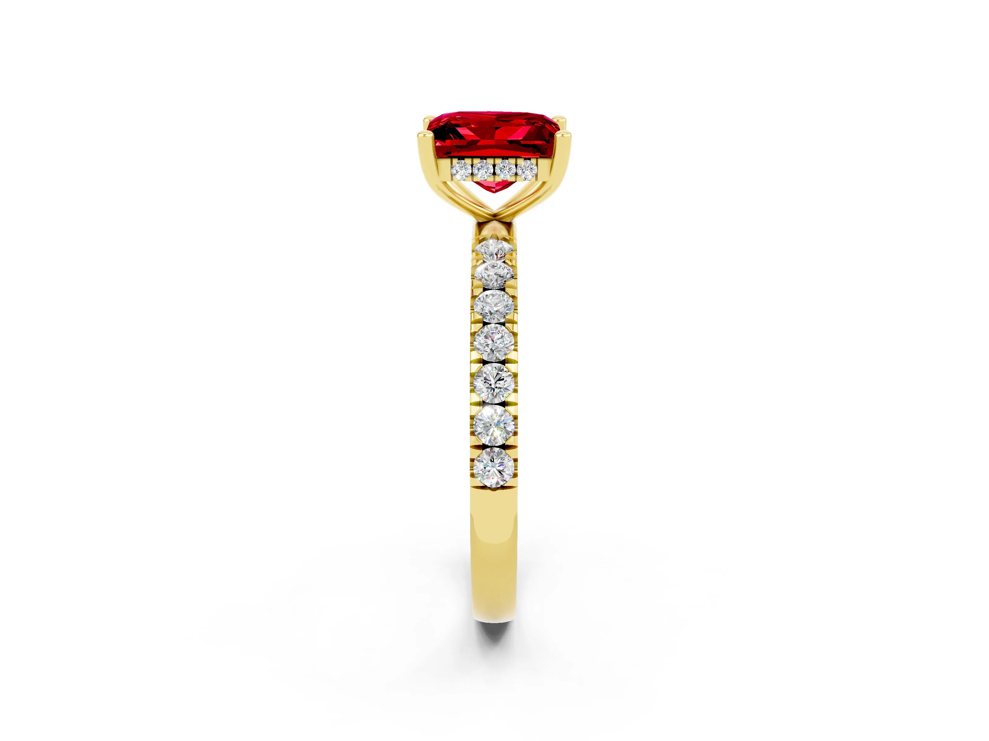 Yellow gold Princess Cut Ruby Pave Band Solitaire Ring with Four-Prong Setting_14