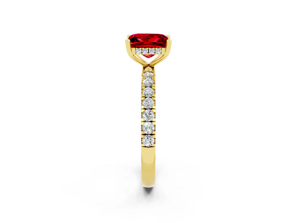 Yellow gold Princess Cut Ruby Pave Band Solitaire Ring with Round  and Prong Setting