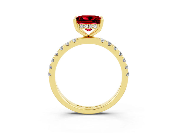Yellow gold Princess Cut Ruby Pave Band Solitaire Ring with Round  and Prong Setting
