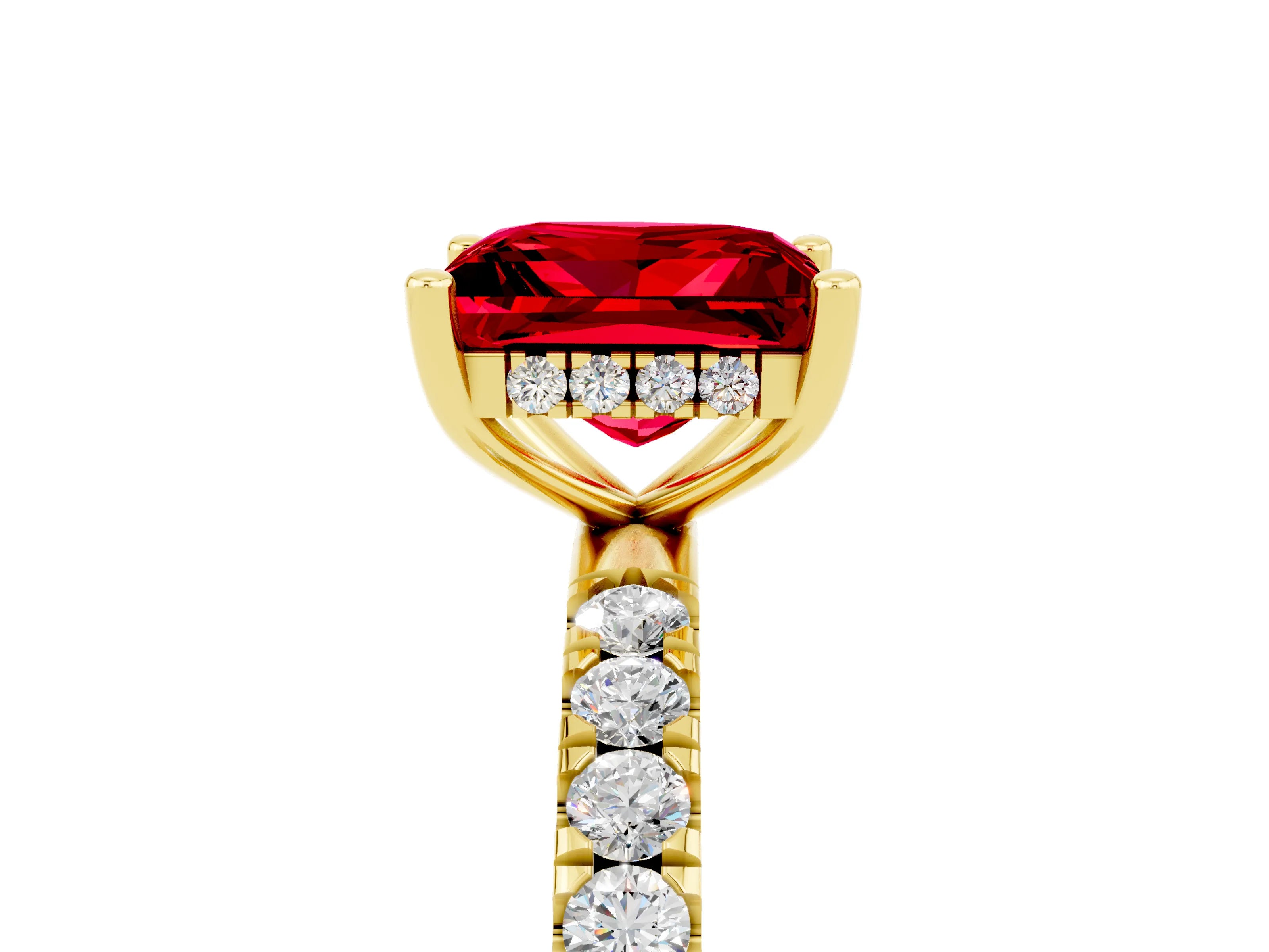 Yellow gold Princess Cut Ruby Pave Band Solitaire Ring with Four-Prong Setting_17