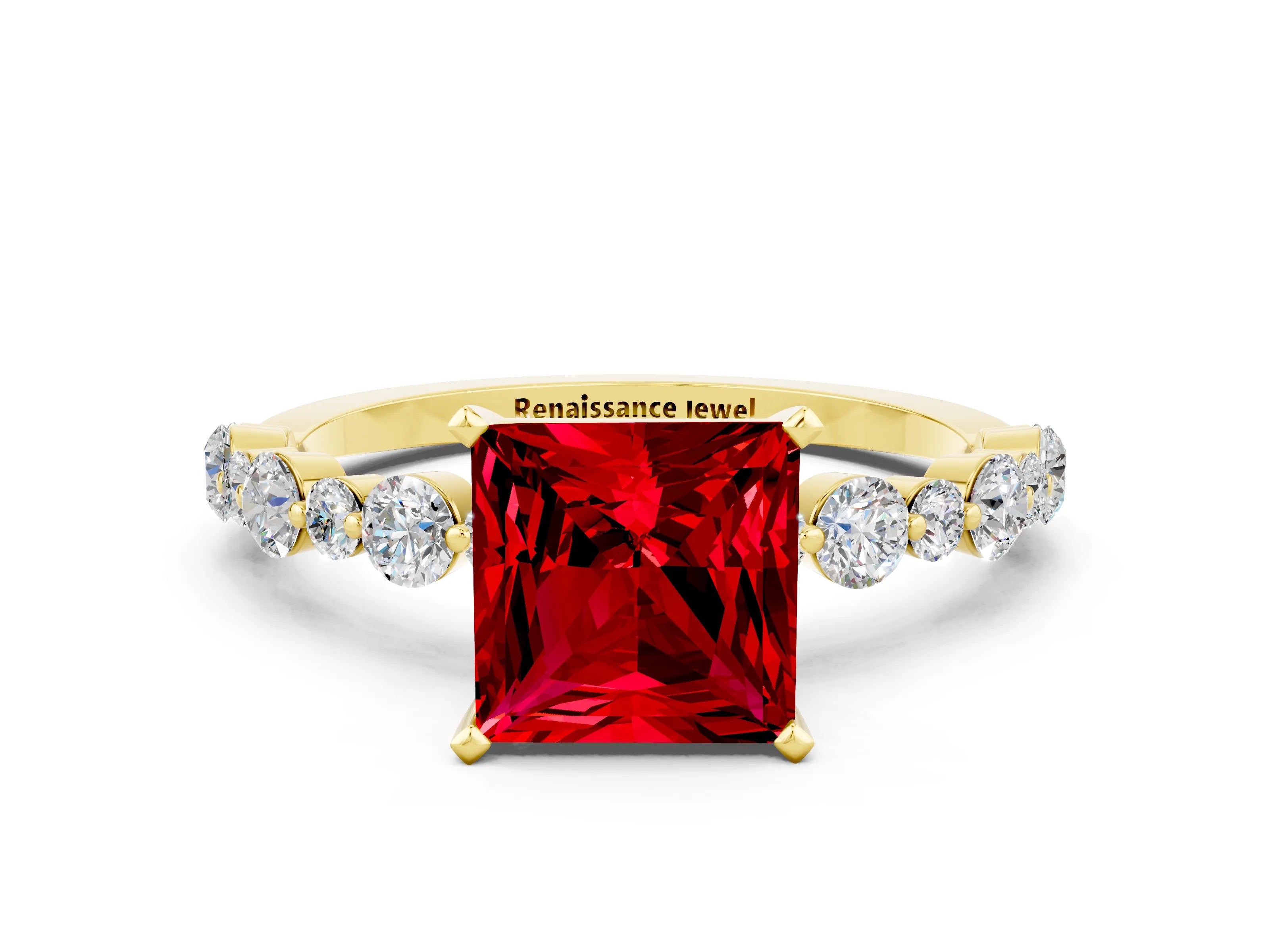 Yellow gold Princess Cut Ruby Prong Set Engagement Ring with Pavé Band