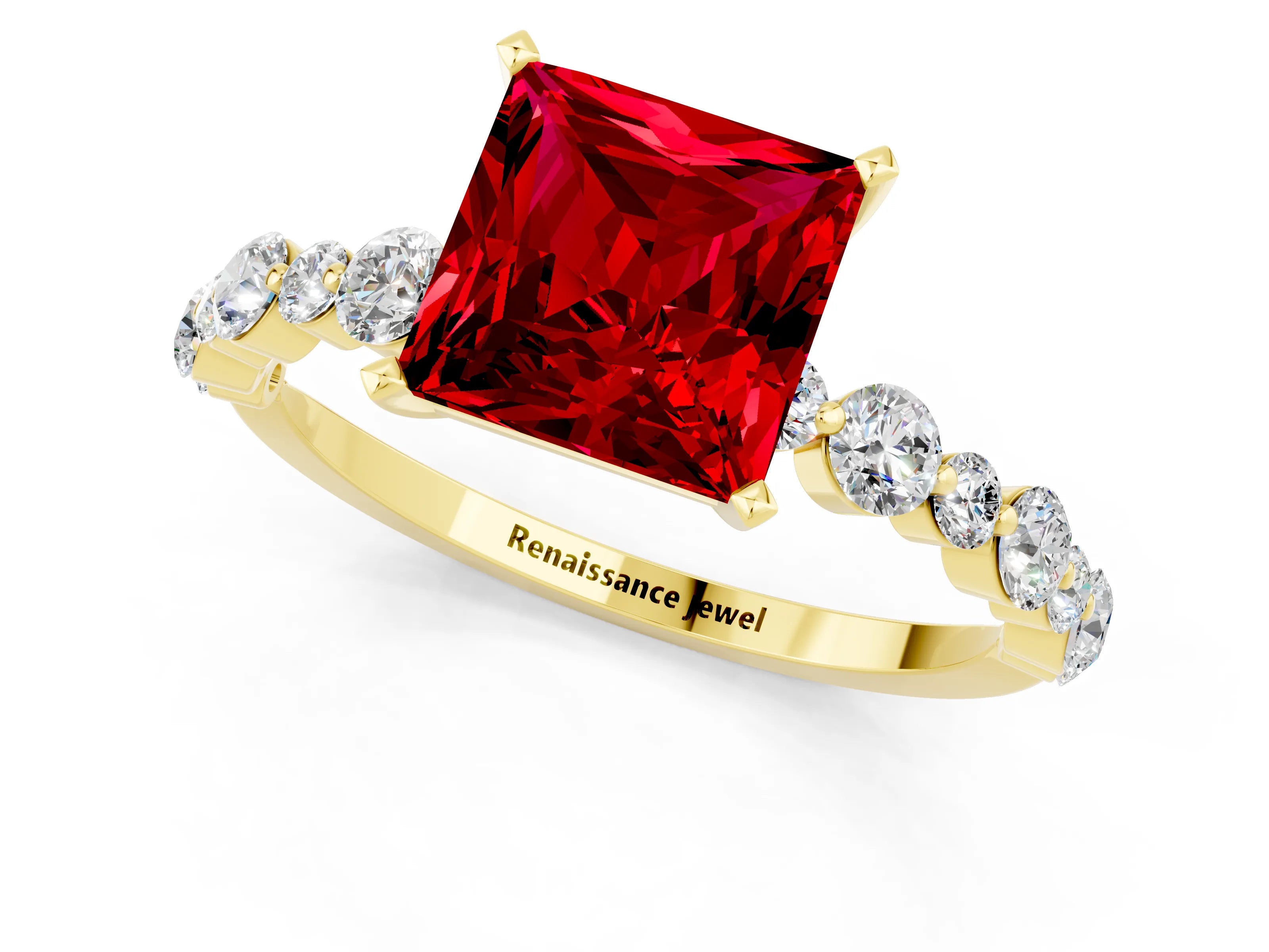 Yellow gold Princess Cut Ruby Prong Set Engagement Ring with Pavé Band_1