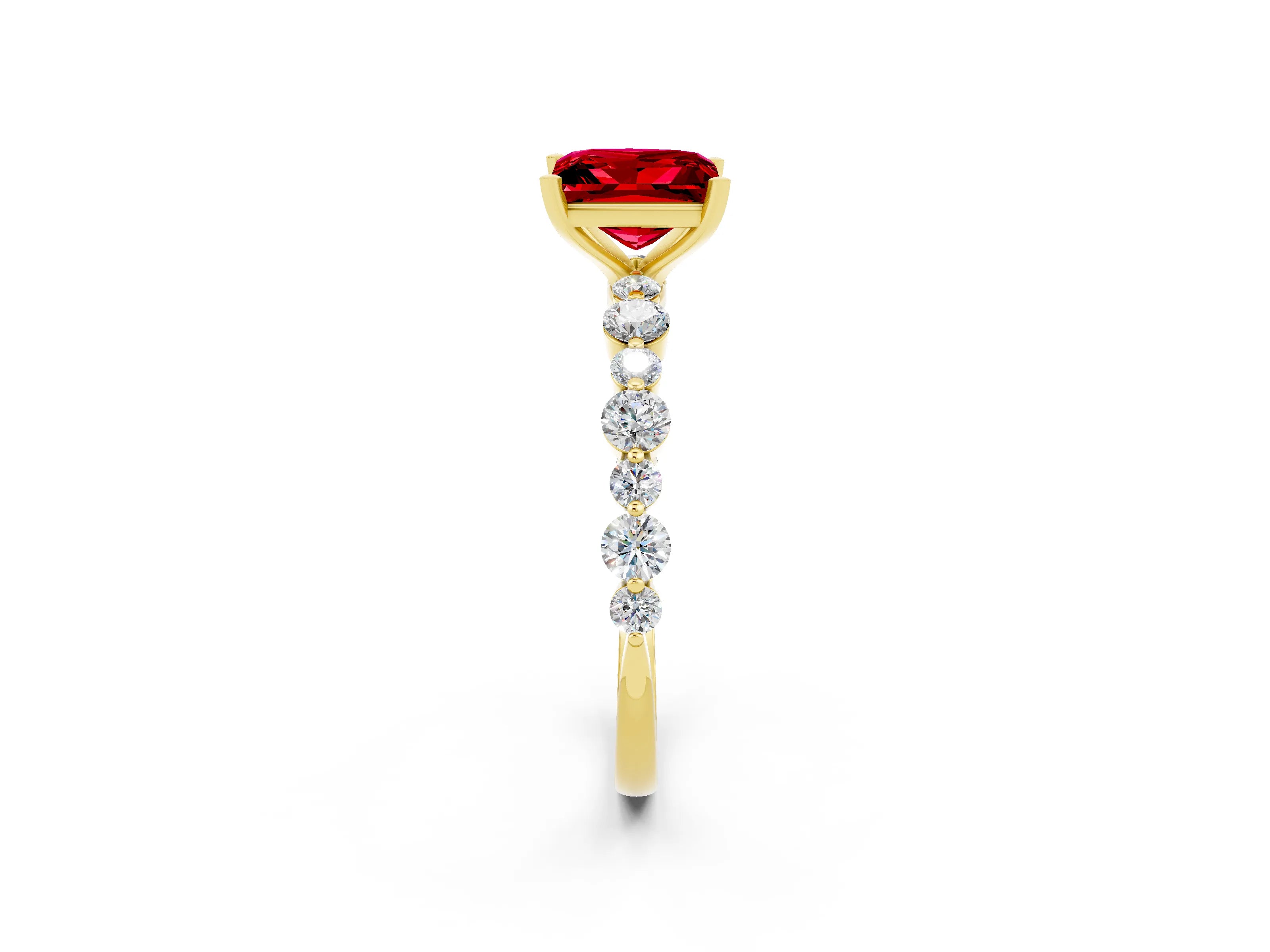 Yellow gold Princess Cut Ruby Prong Set Engagement Ring with Pavé Band_2