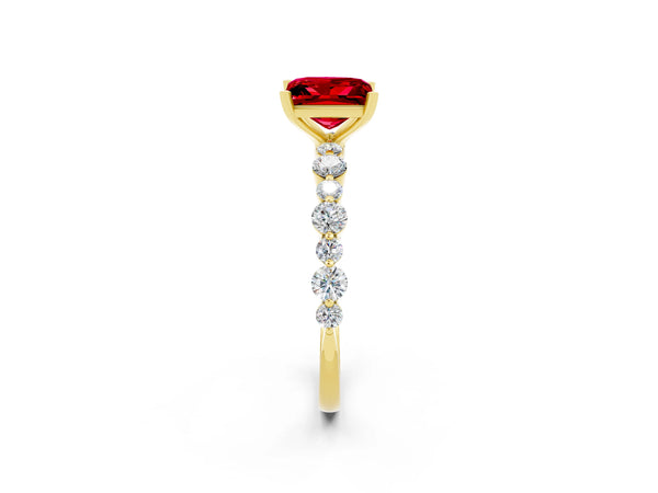 Yellow gold Princess Cut Ruby Prong Set Engagement Ring with Pavé Band