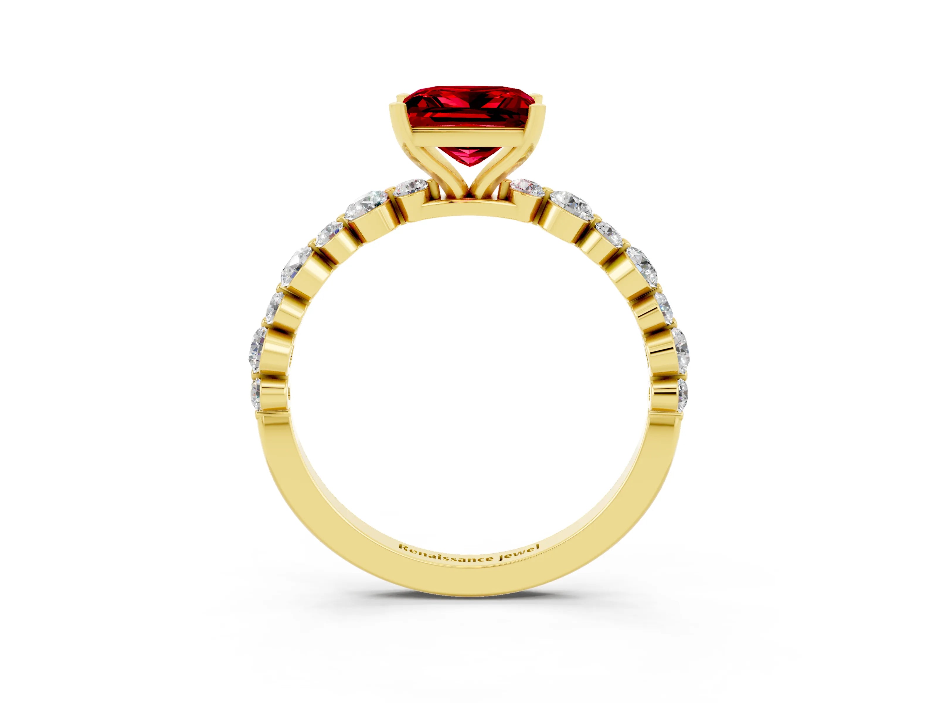 Yellow gold Princess Cut Ruby Prong Set Engagement Ring with Pavé Band_3