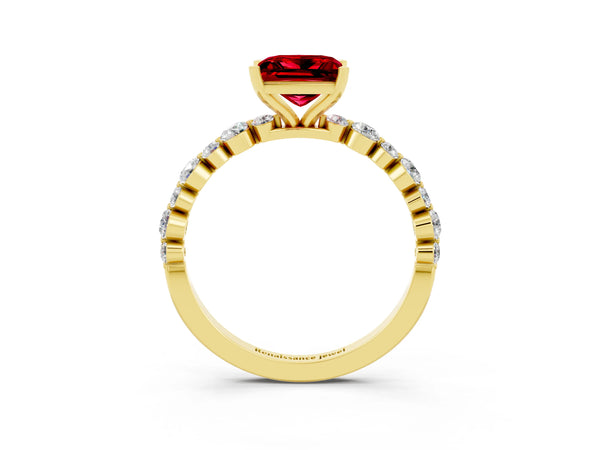 Yellow gold Princess Cut Ruby Prong Set Engagement Ring with Pavé Band