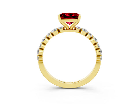 Yellow gold Princess Cut Ruby Prong Set Engagement Ring with Pavé Band_3