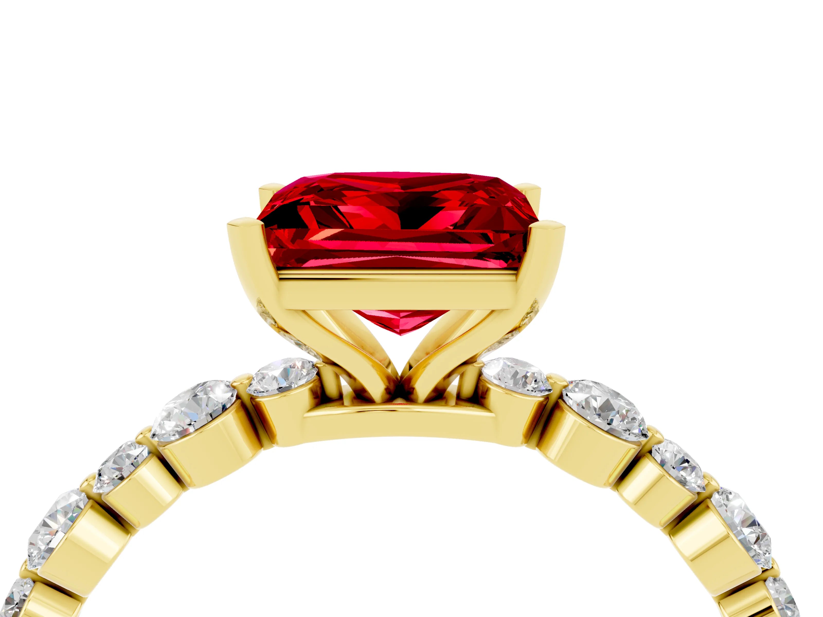 Yellow gold Princess Cut Ruby Prong Set Engagement Ring with Pavé Band_4