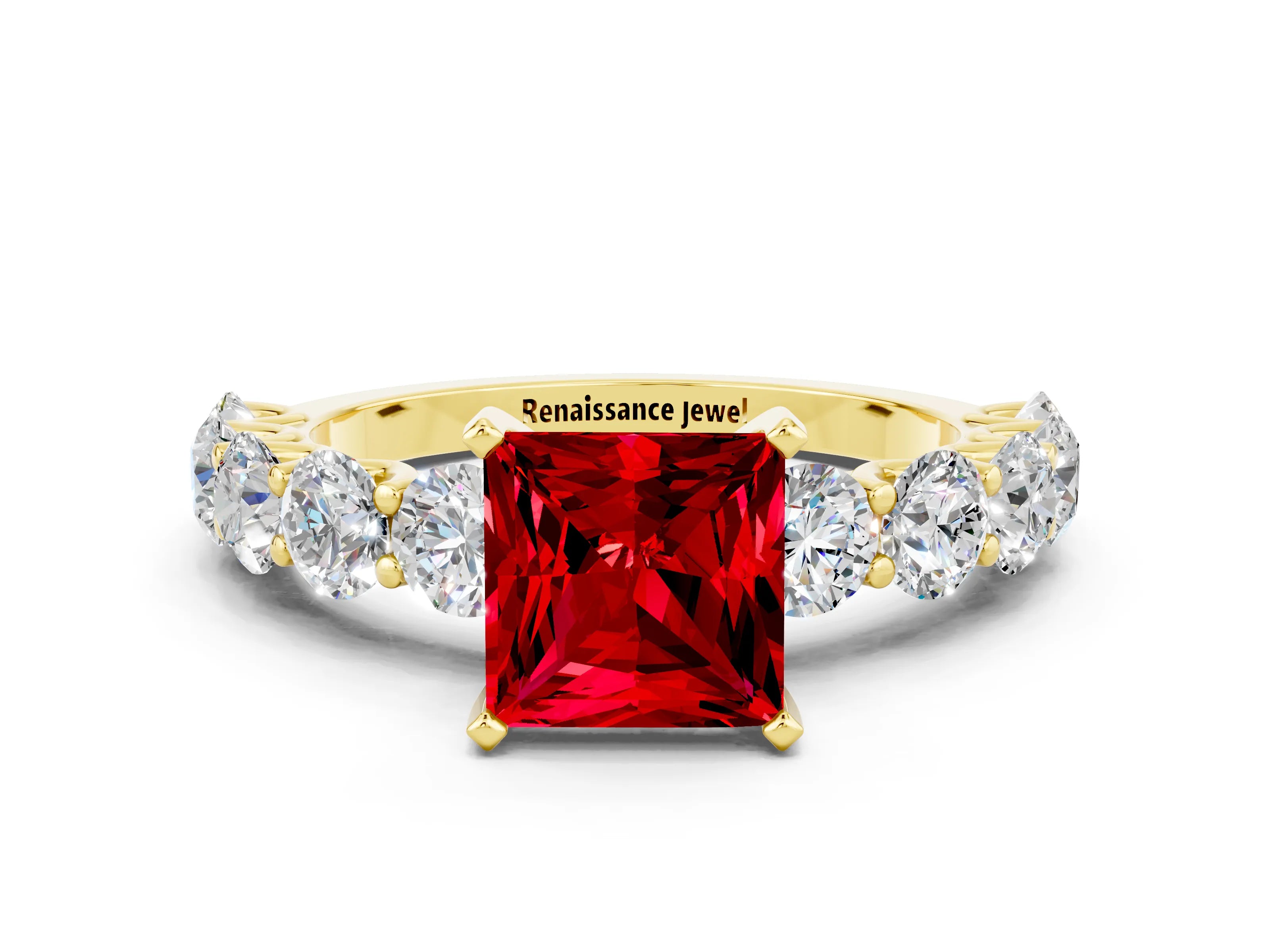 Yellow gold Princess Cut Ruby Prong Setting with Side Stones on a Pave Band