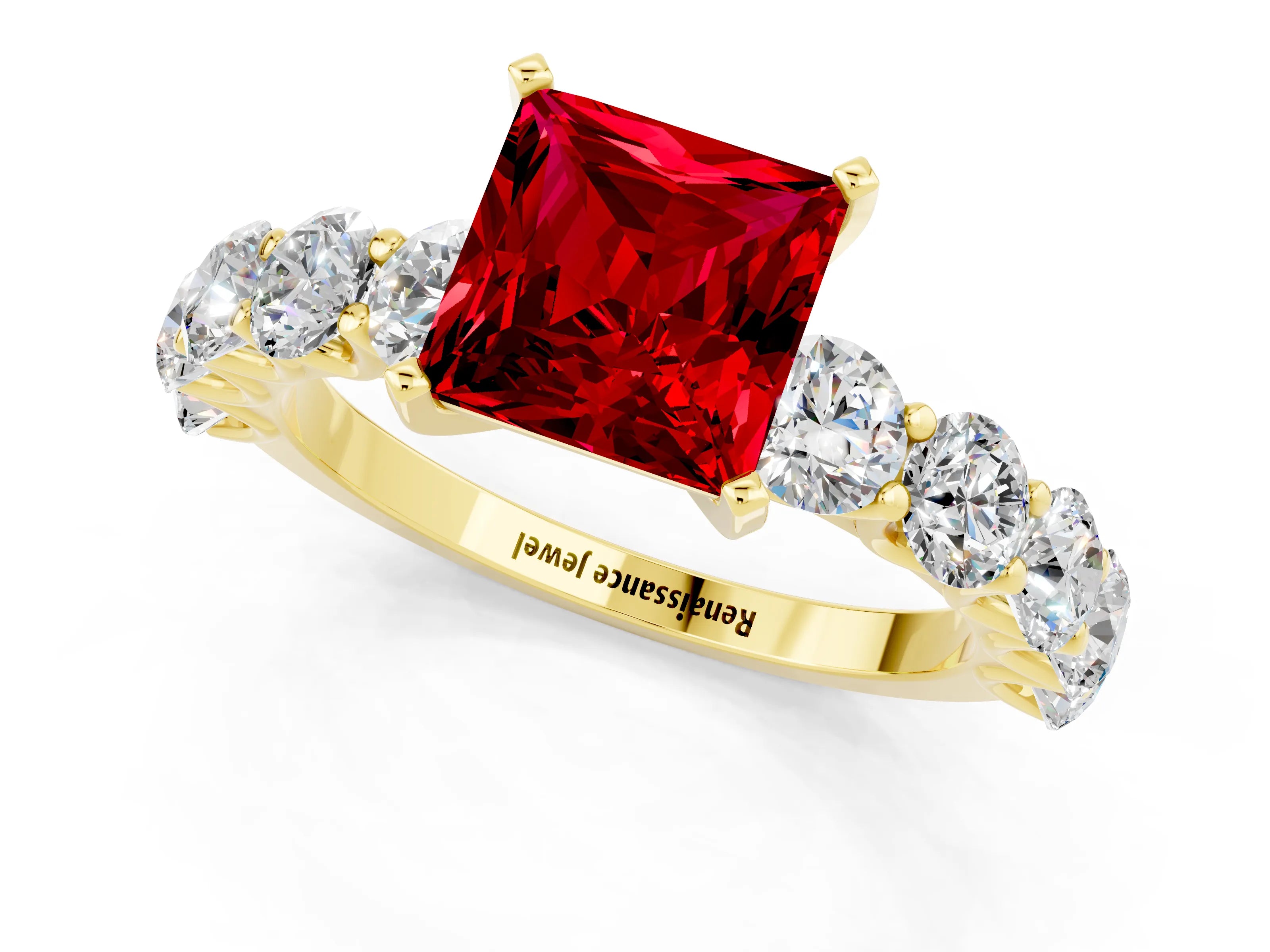Yellow gold Princess Cut Ruby Prong Setting with Side Stones on a Pave Band_1