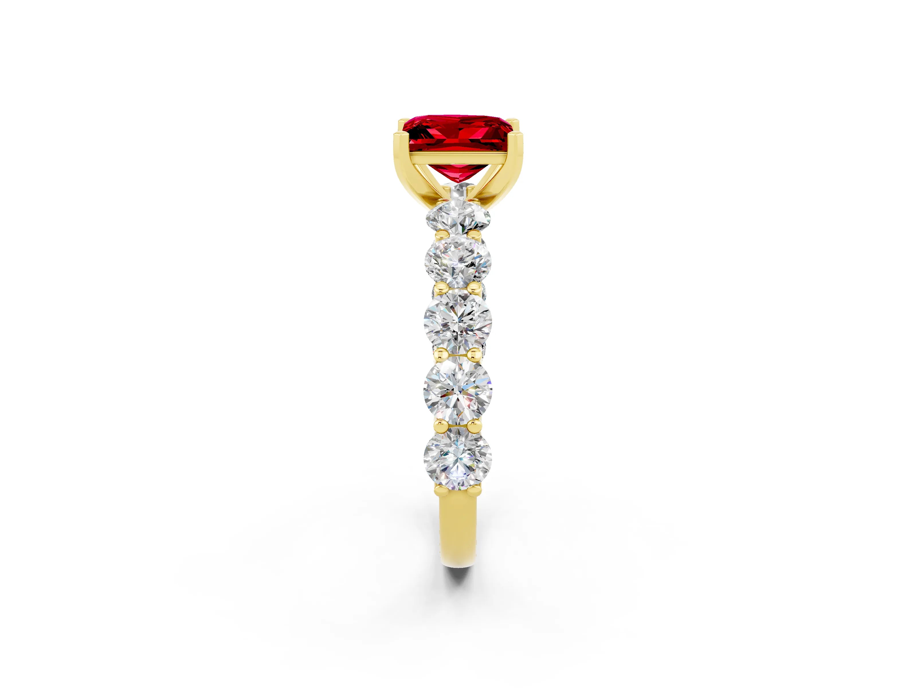 Yellow gold Princess Cut Ruby Prong Setting with Side Stones on a Pave Band_2