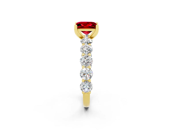 Yellow gold Princess Cut Ruby Prong Setting with Side Stones on a Pave Band