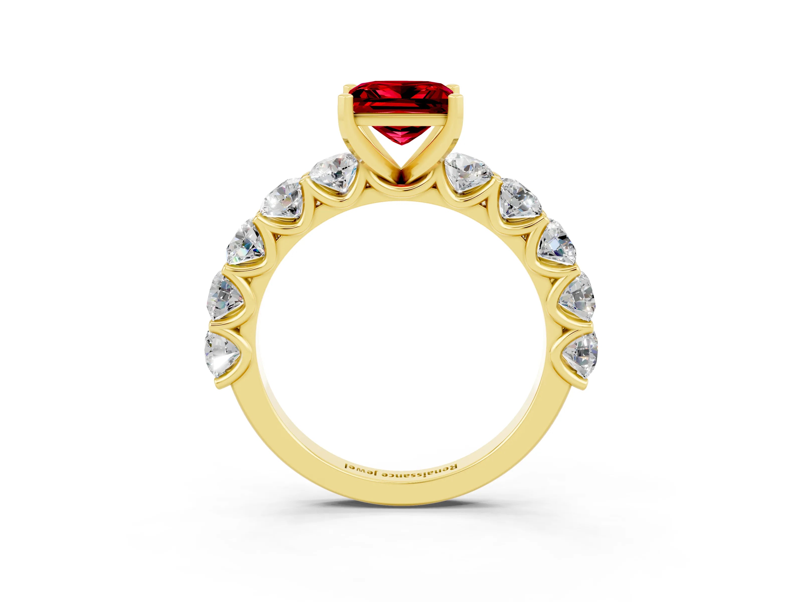 Yellow gold Princess Cut Ruby Prong Setting with Side Stones on a Pave Band_3