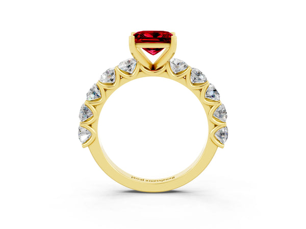 Yellow gold Princess Cut Ruby Prong Setting with Side Stones on a Pave Band