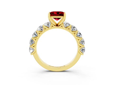 Yellow gold Princess Cut Ruby Prong Setting with Side Stones on a Pave Band_3