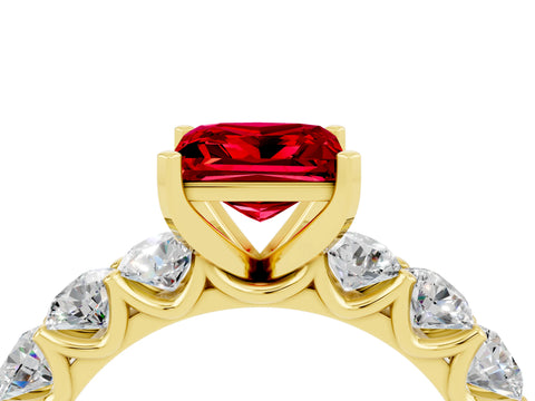 Yellow gold Princess Cut Ruby Prong Setting with Side Stones on a Pave Band_4