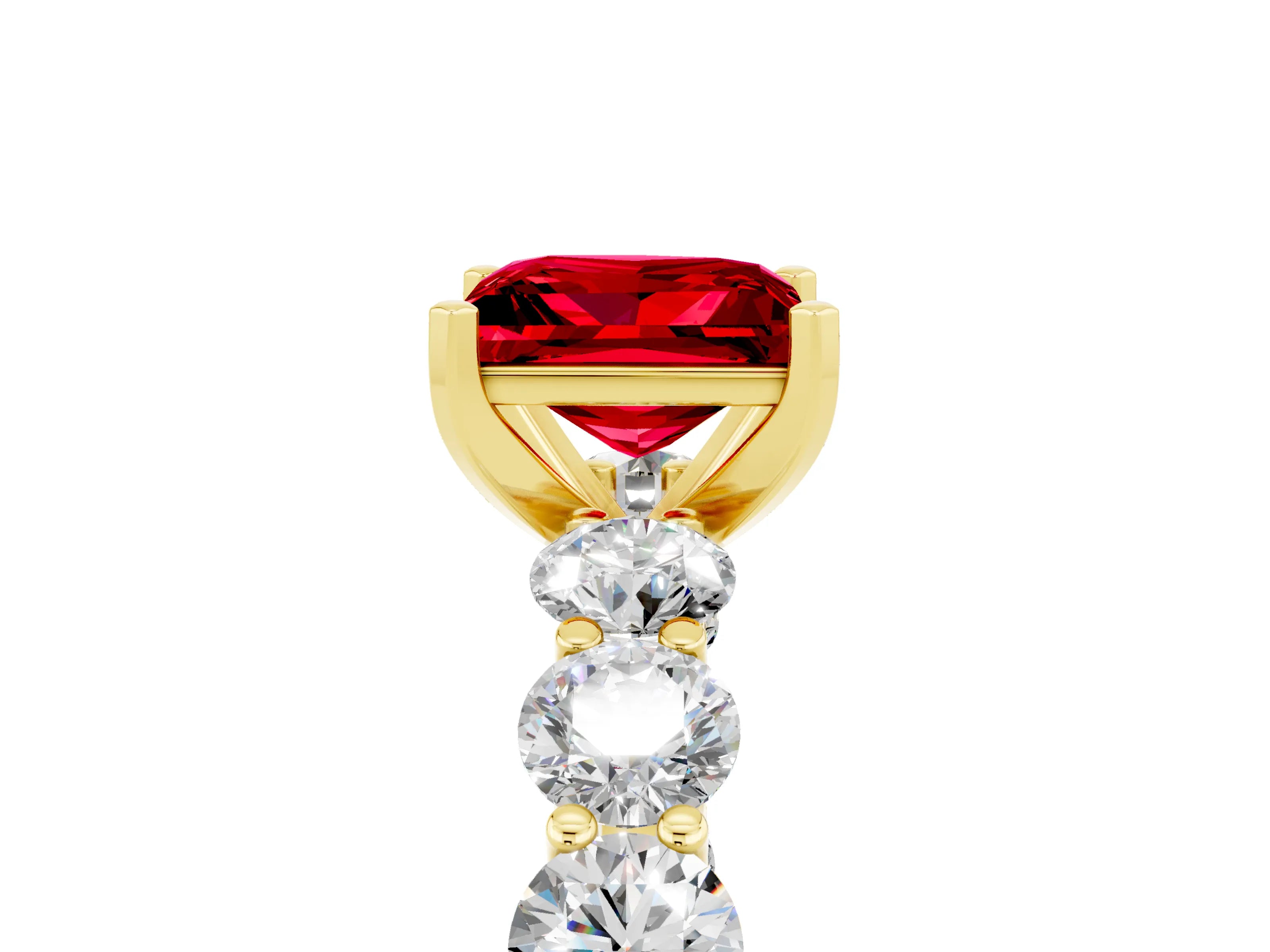 Yellow gold Princess Cut Ruby Prong Setting with Side Stones on a Pave Band_5