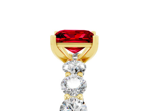 Yellow gold Princess Cut Ruby Prong Setting with Side Stones on a Pave Band_5