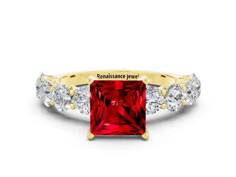 Yellow gold Princess Cut Ruby Prong Setting with Side Stones on a Pave Band