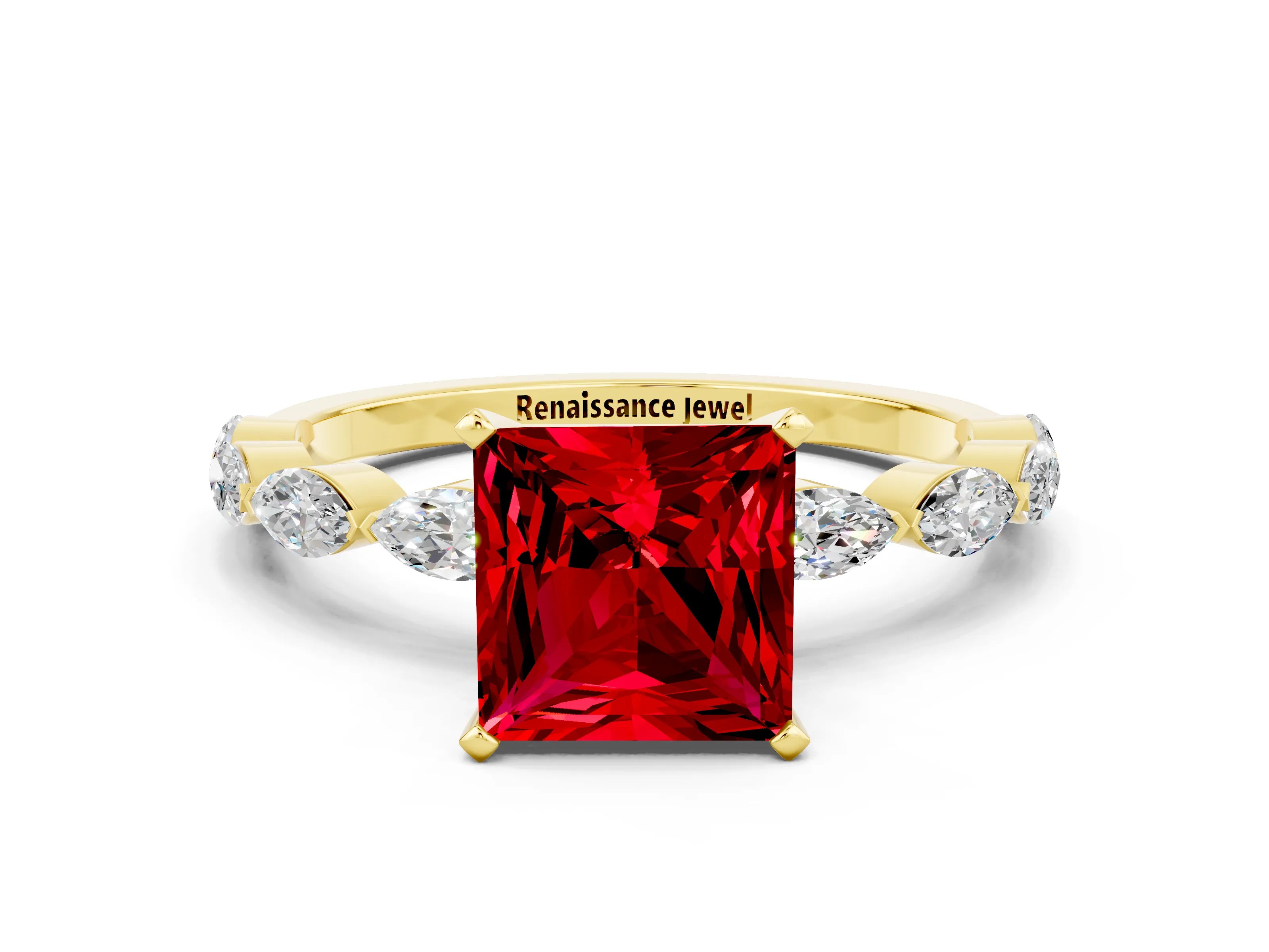 Yellow gold Princess Cut Ruby Ring with Marquise Side Stones and Prong Setting