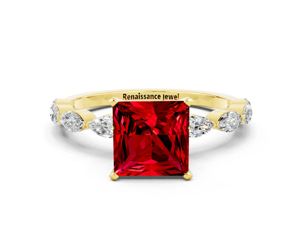 Yellow gold Princess Cut Ruby Ring with Marquise Side Stones and Prong Setting