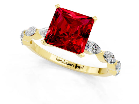 Yellow gold Princess Cut Ruby Ring with Marquise Side Stones and Prong Setting_1