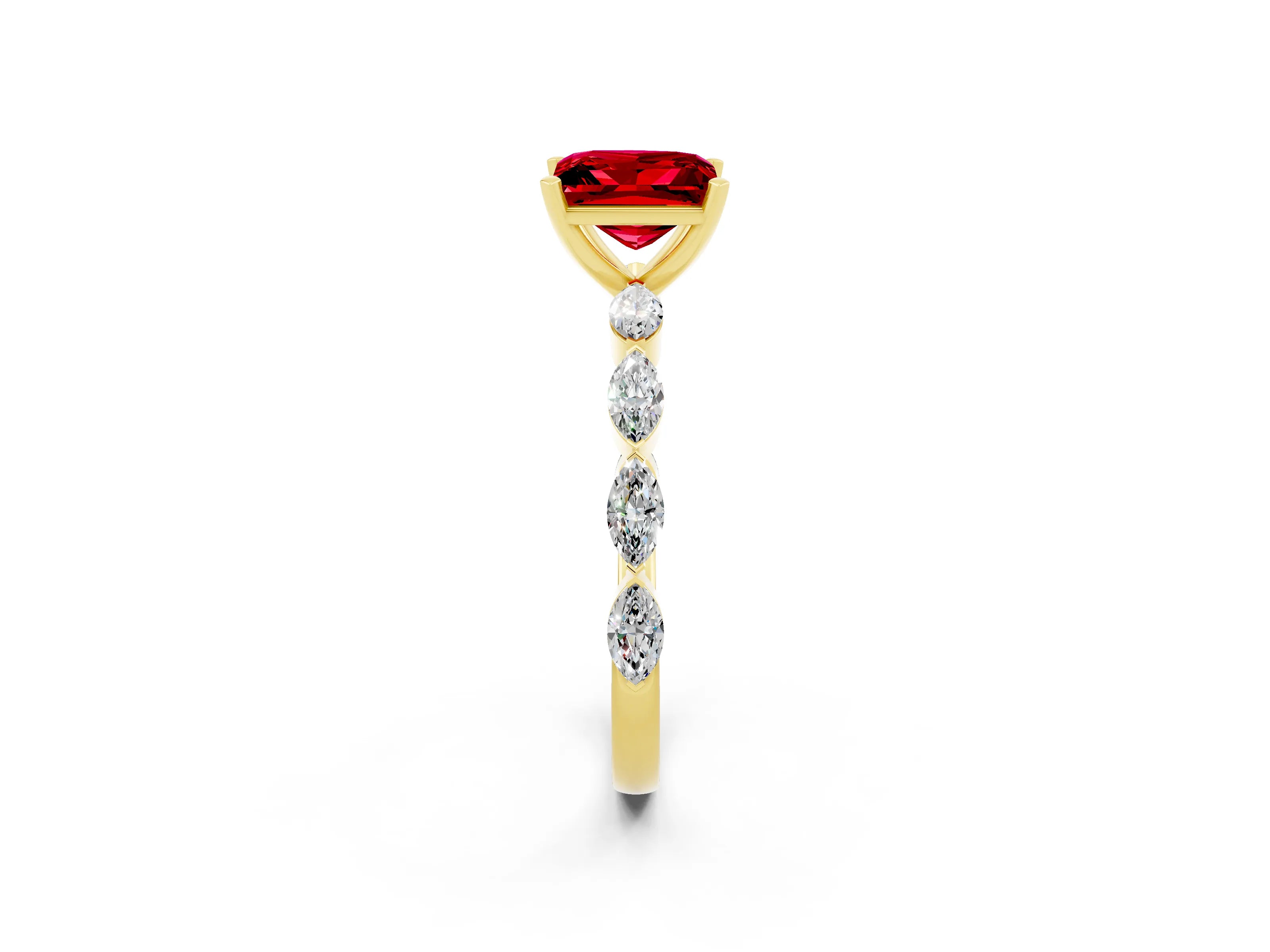 Yellow gold Princess Cut Ruby Ring with Marquise Side Stones and Prong Setting_2