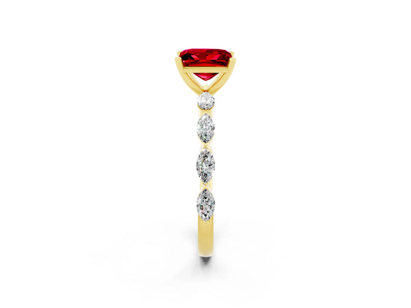 Yellow gold Princess Cut Ruby Ring with Marquise Side Stones and Prong Setting