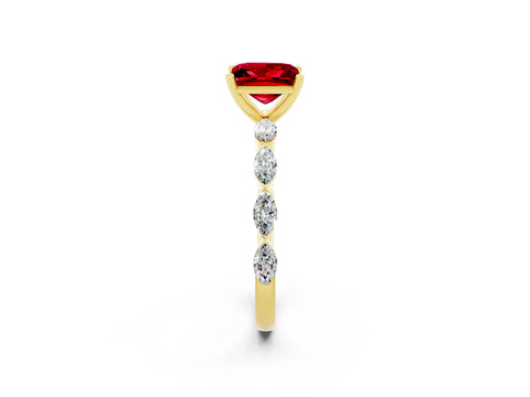 Yellow gold Princess Cut Ruby Ring with Marquise Side Stones and Prong Setting_2