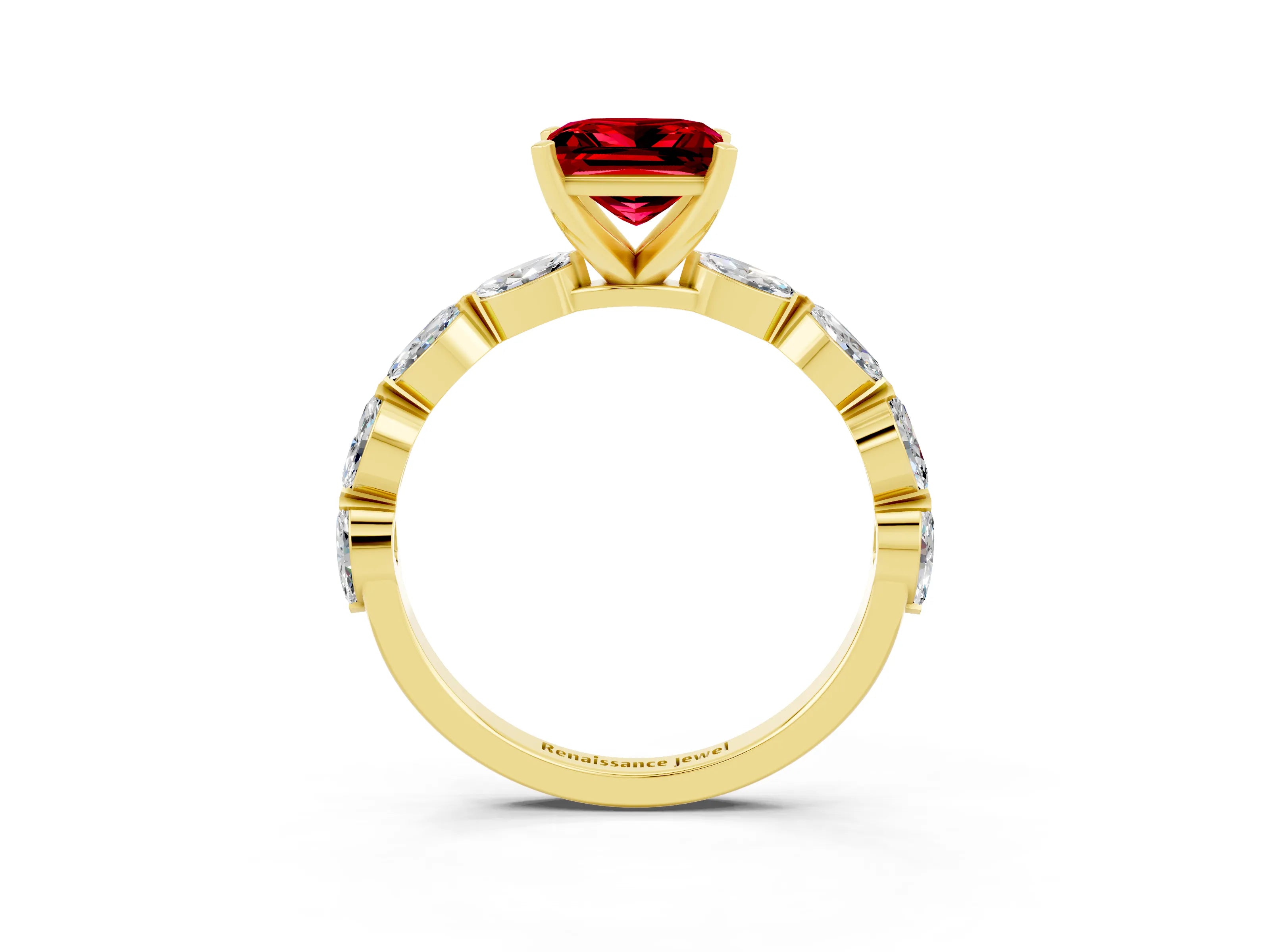 Yellow gold Princess Cut Ruby Ring with Marquise Side Stones and Prong Setting_3