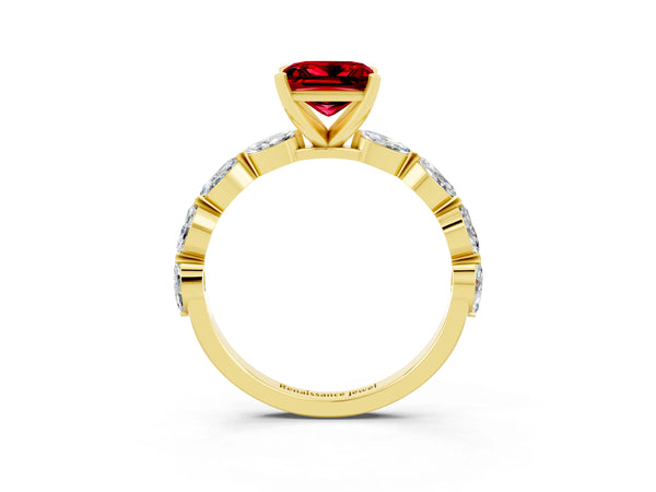 Yellow gold Princess Cut Ruby Ring with Marquise Side Stones and Prong Setting