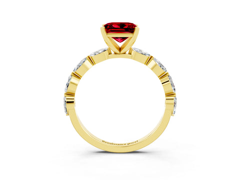 Yellow gold Princess Cut Ruby Ring with Marquise Side Stones and Prong Setting_3