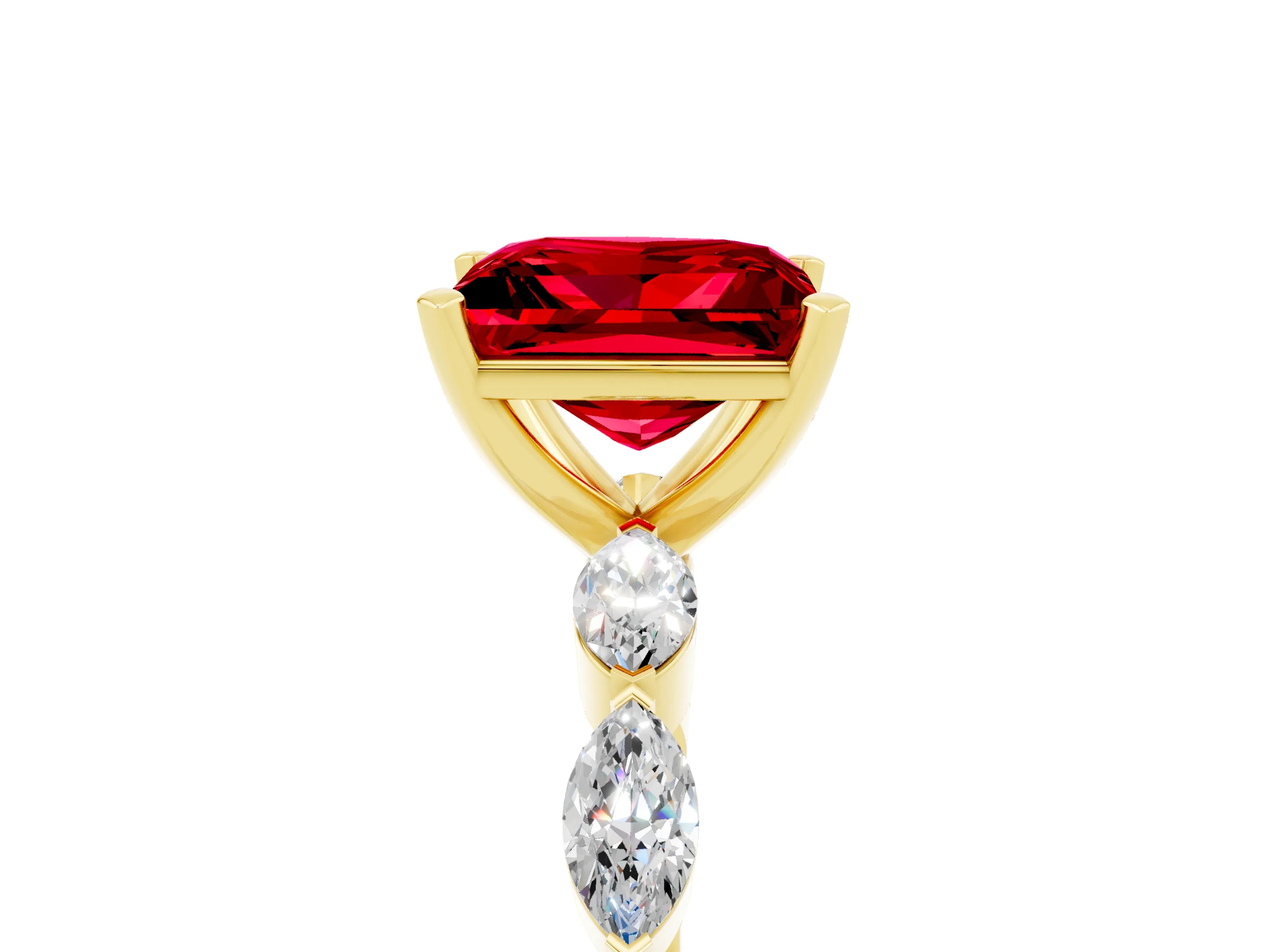 Yellow gold Princess Cut Ruby Ring with Marquise Side Stones and Prong Setting_5