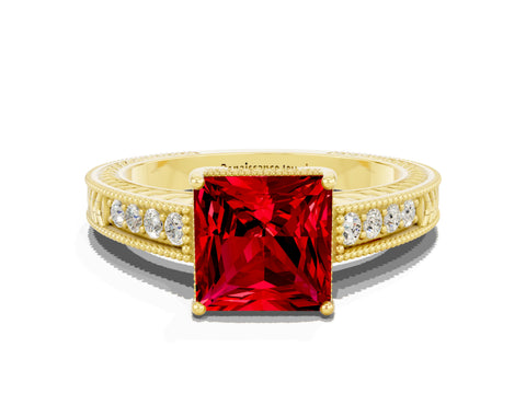Yellow gold Princess Cut Ruby Ring with Milgrain Pavé Band and Four-Prong Setting_12