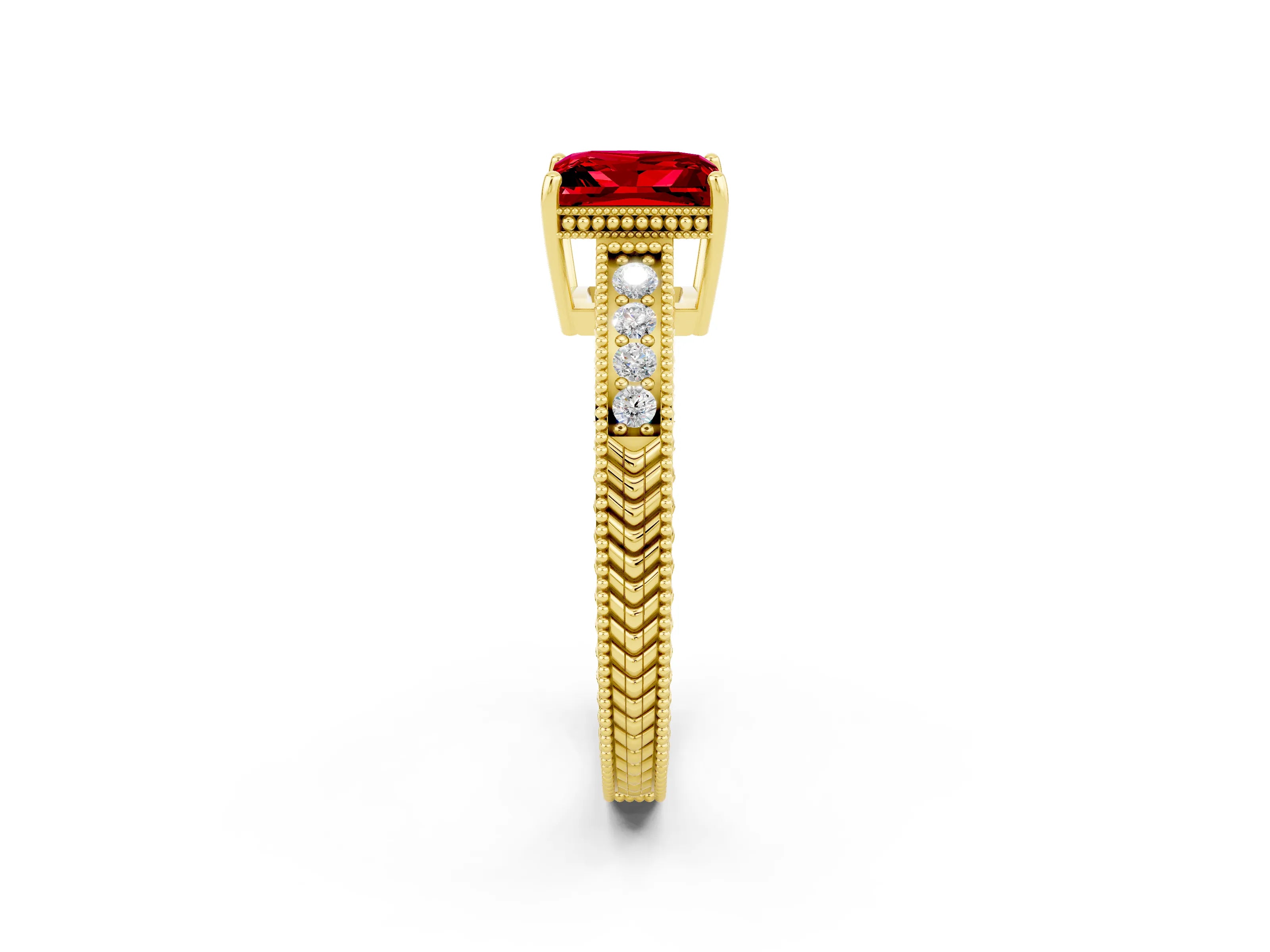 Yellow gold Princess Cut Ruby Ring with Milgrain Pavé Band and Four-Prong Setting_14