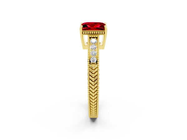 Yellow gold Princess Cut Ruby Ring with Milgrain Pavé Band and Four-Prong Setting