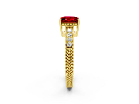 Yellow gold Princess Cut Ruby Ring with Milgrain Pavé Band and Four-Prong Setting_14
