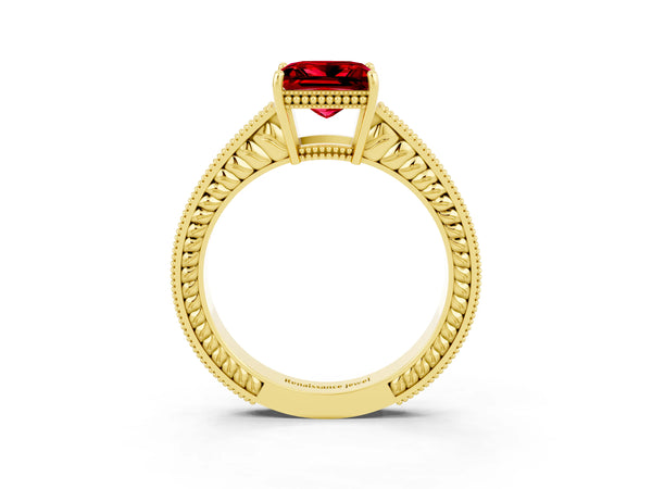 Yellow gold Princess Cut Ruby Ring with Milgrain Pavé Band and Four-Prong Setting
