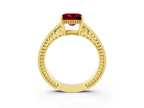 Yellow gold Princess Cut Ruby Ring with Milgrain Pavé Band and Four-Prong Setting_15