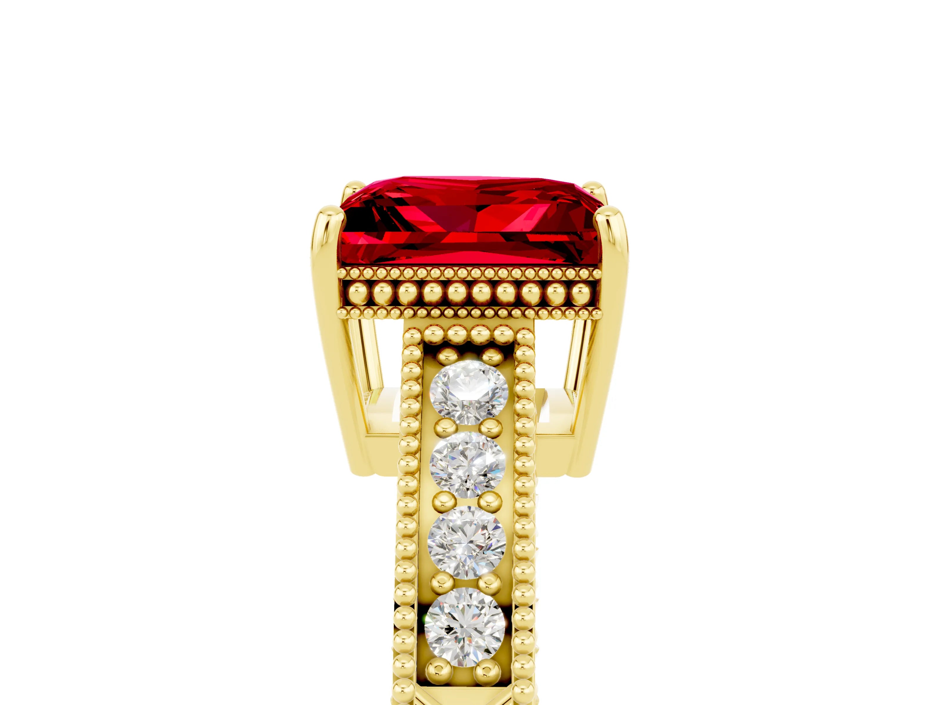 Yellow gold Princess Cut Ruby Ring with Milgrain Pavé Band and Four-Prong Setting_17