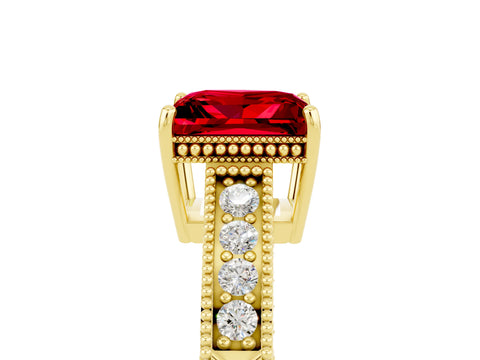 Yellow gold Princess Cut Ruby Ring with Milgrain Pavé Band and Four-Prong Setting_17