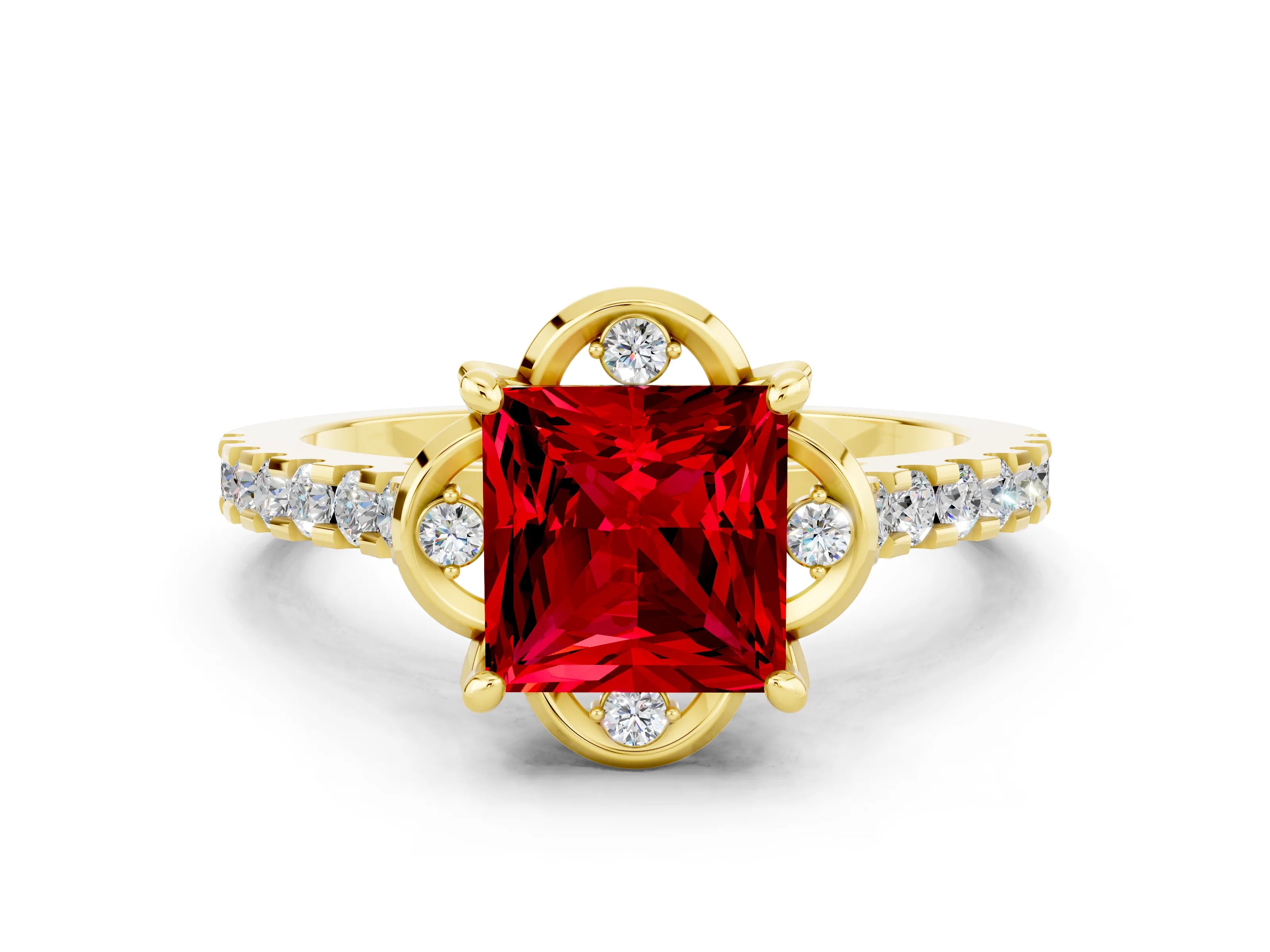 Yellow gold Princess Cut Ruby Ring with Pavé Band and Floral Prong Setting