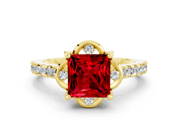 Yellow gold Princess Cut Ruby Ring with Pavé Band and Floral Prong Setting