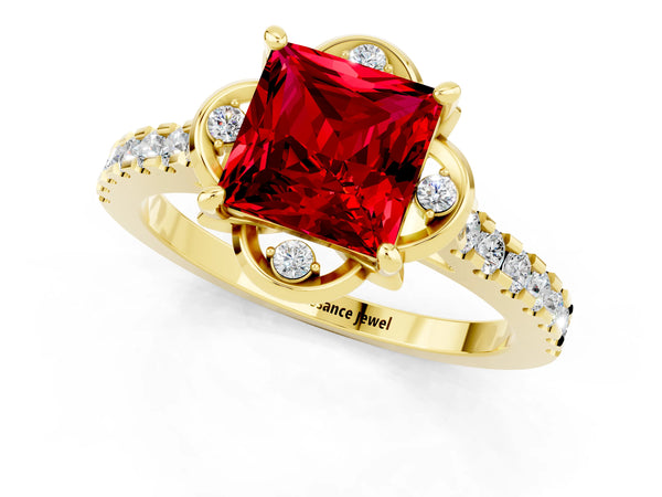Yellow gold Princess Cut Ruby Ring with Pavé Band and Floral Prong Setting