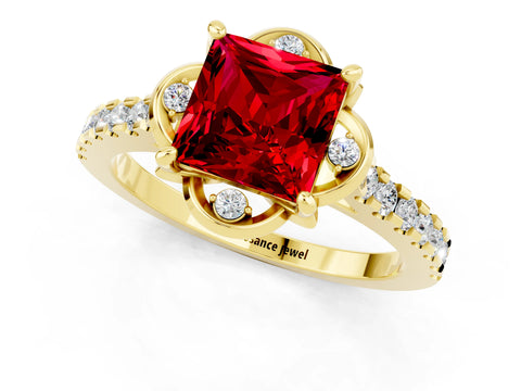Yellow gold Princess Cut Ruby Ring with Pavé Band and Floral Prong Setting_1