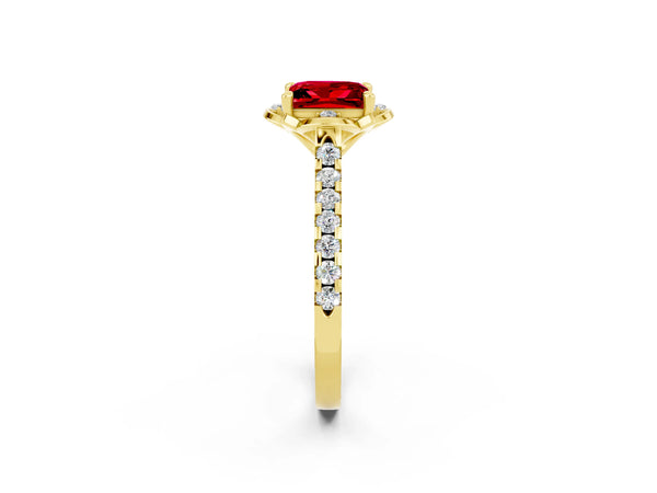 Yellow gold Princess Cut Ruby Ring with Pavé Band and Floral Prong Setting