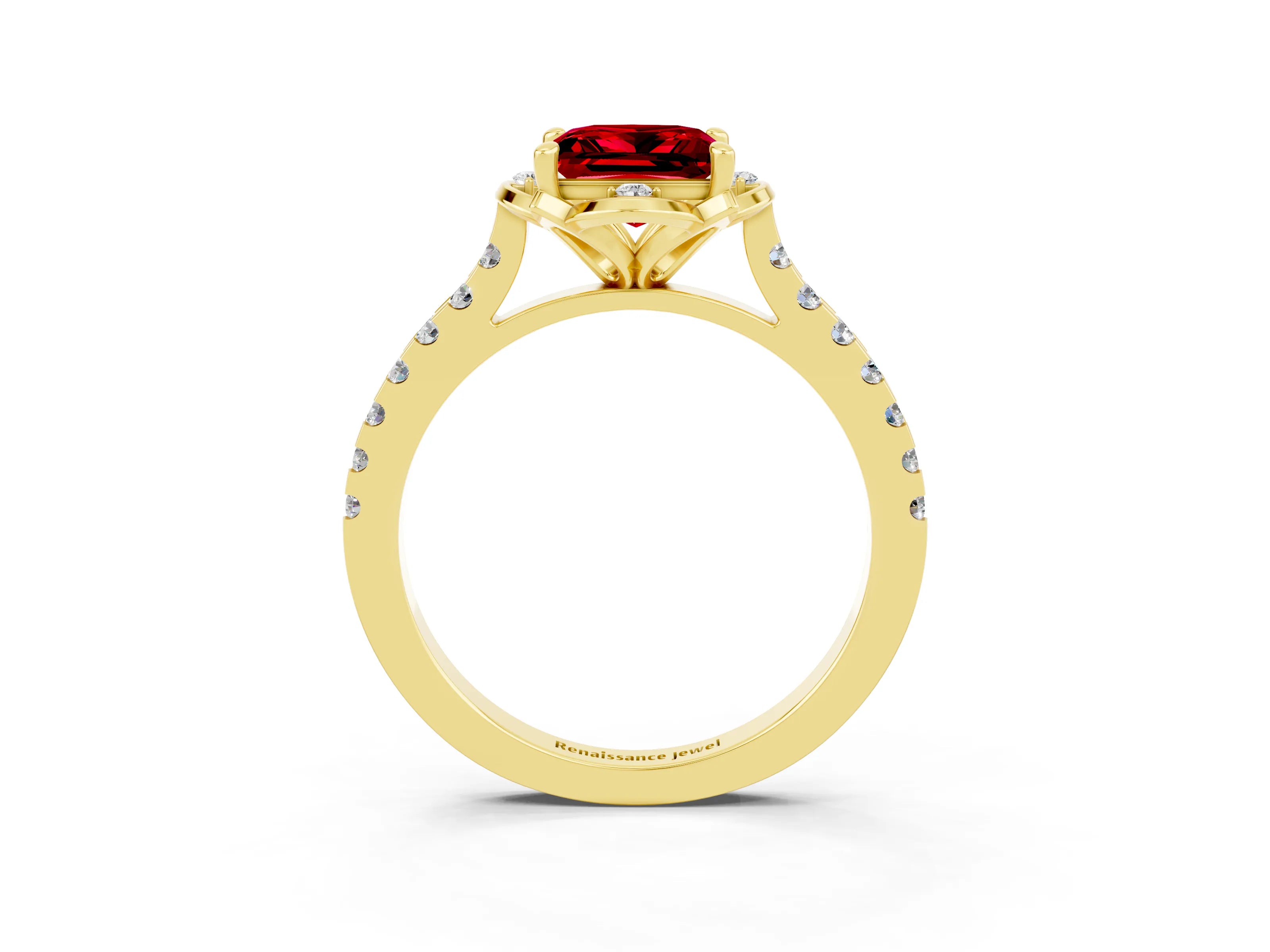 Yellow gold Princess Cut Ruby Ring with Pavé Band and Floral Prong Setting_3