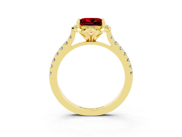 Yellow gold Princess Cut Ruby Ring with Pavé Band and Floral Prong Setting
