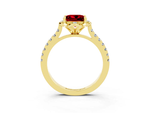 Yellow gold Princess Cut Ruby Ring with Pavé Band and Floral Prong Setting_3