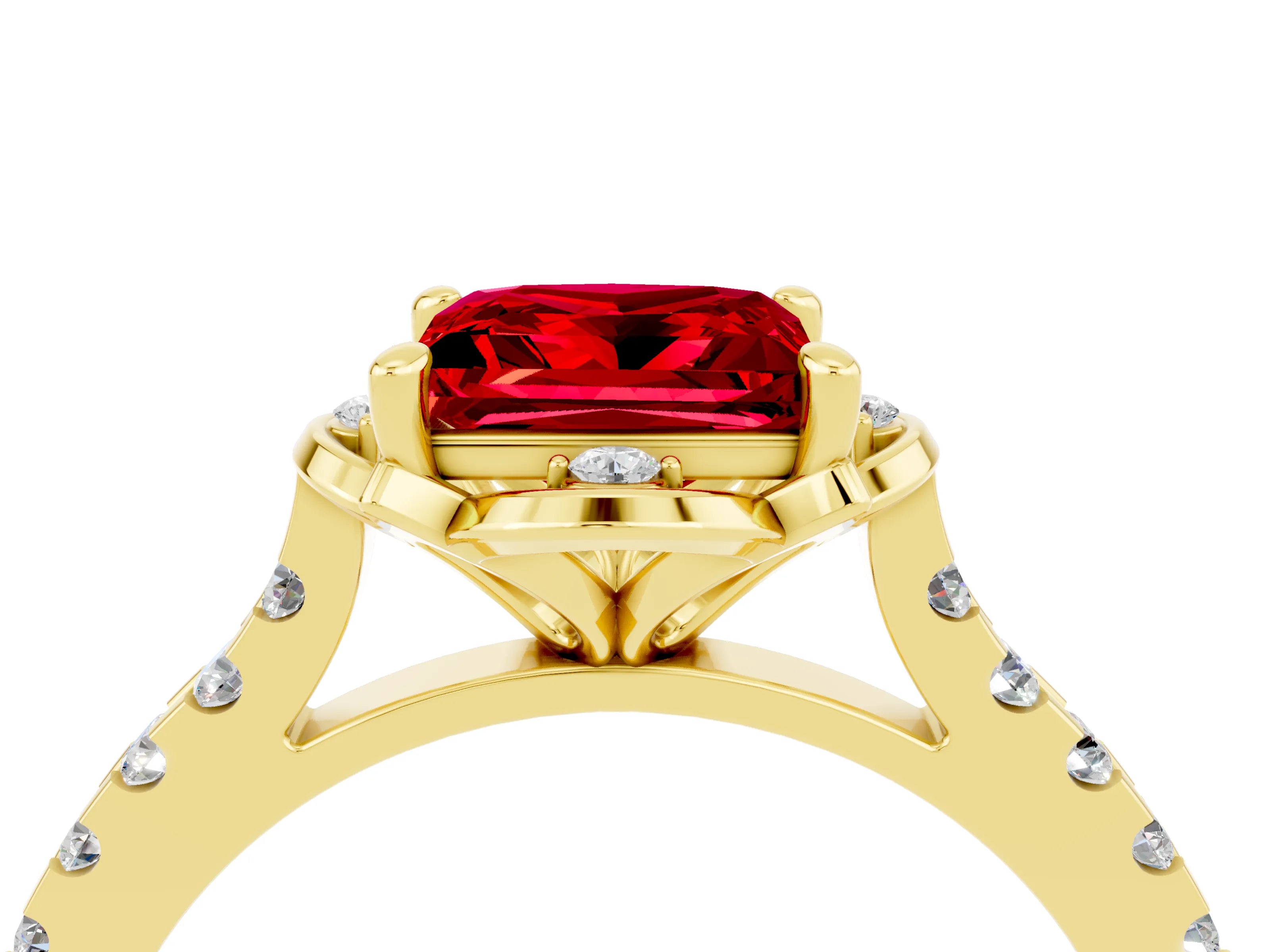 Yellow gold Princess Cut Ruby Ring with Pavé Band and Floral Prong Setting_4